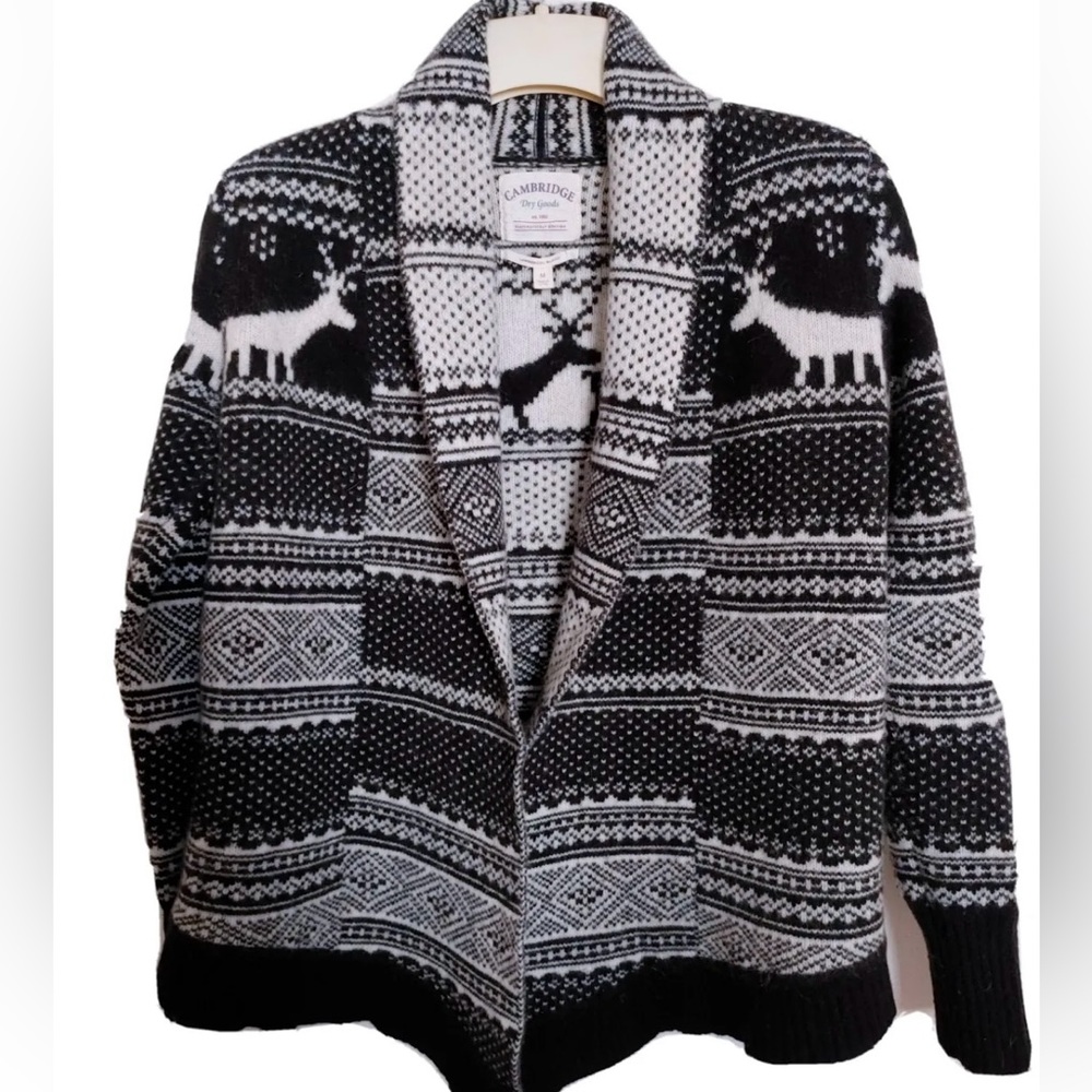 Cambridge‎ Dry Goods Cardigan Open Front Black White Nordic Lambswool Sz L